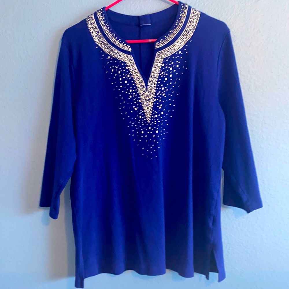 Electric blue, & silver beading, long sleeve blouse. Large